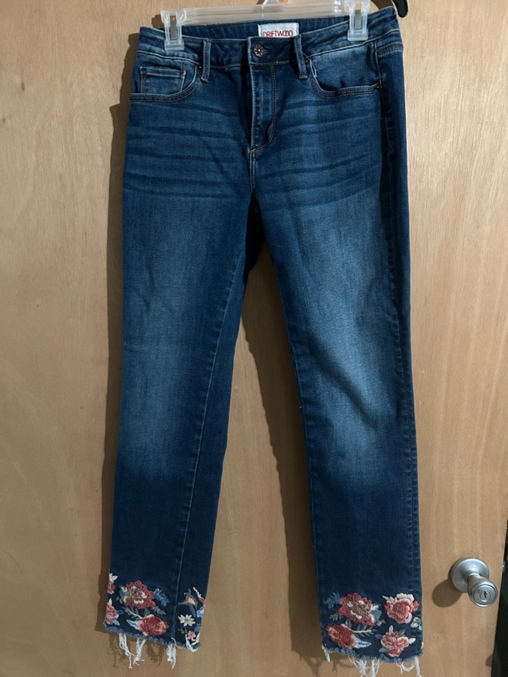 Driftwood Retro Floral Hem Embroidered Dark Wash Jeans